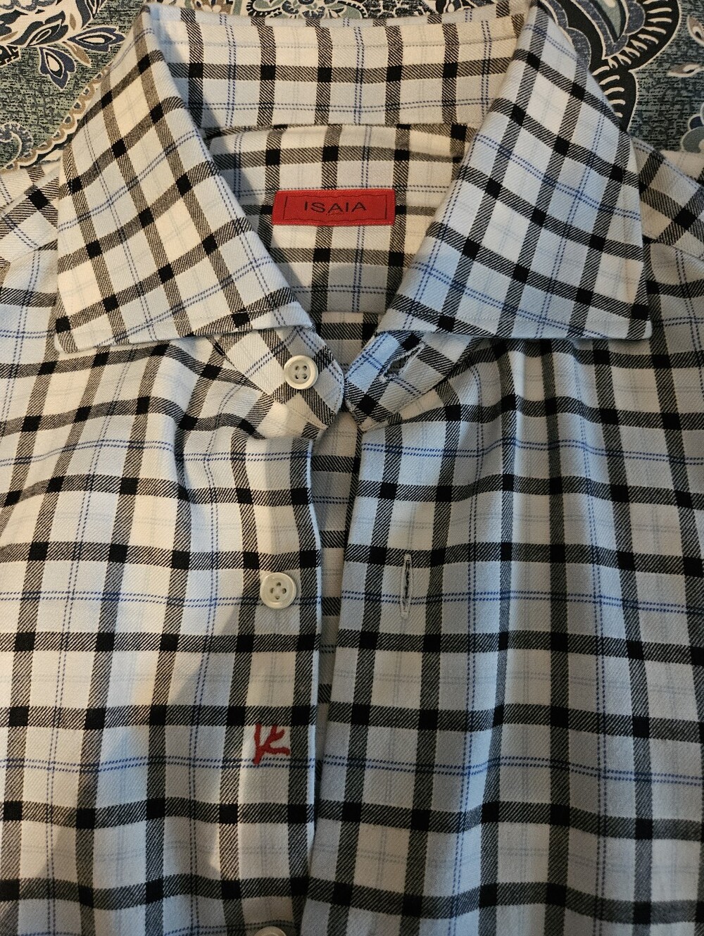 Isaia Men’s Blue, Black, & White Check Cotton Shirt